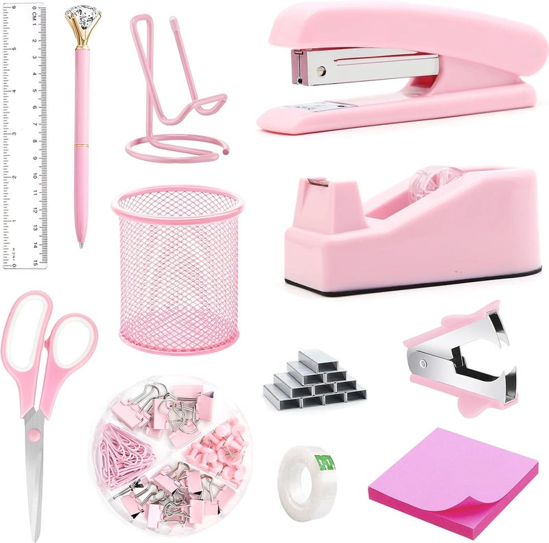 Famassi Pink Office Supplies, Pink Desk Accessories, Stapler, Staple Remover, Tape Holder, Pen Holder, Ballpoint Pen, Scissor, Binder Clips, 1000pcs Staples, Phone Holder, Ruler, Transparent Glue and Notes - Image 1